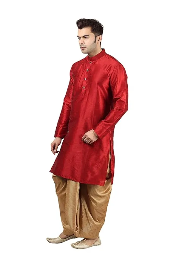 Maroon_&_Khaki_Dupion_Silk_Readymade_Dhoti_Kurta_Set_For_Men