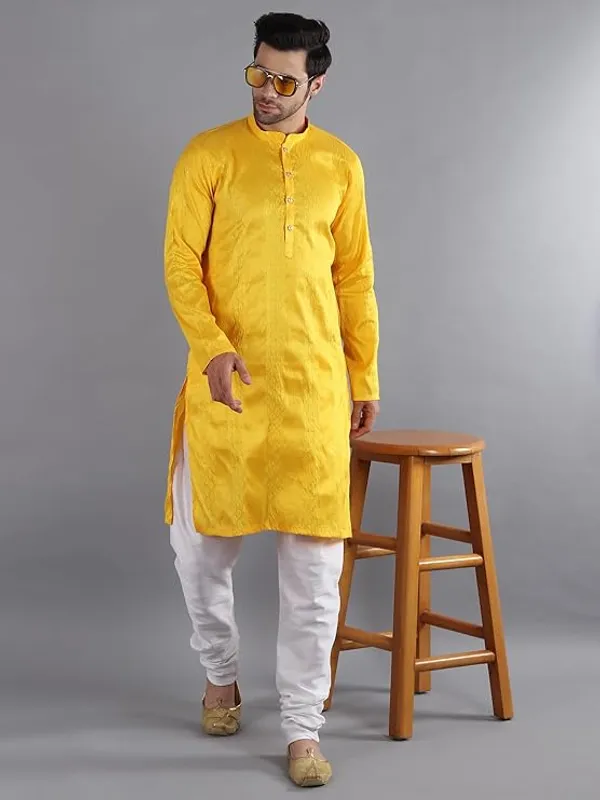 Yellow_&_White_Embroidery_Silk_Kurta_Pyjama_Set_For_Men