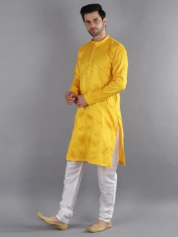 Yellow_&_White_Embroidery_Silk_Kurta_Pyjama_Set_For_Men