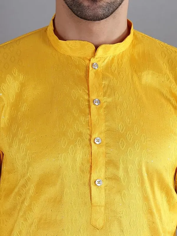 Yellow_&_White_Embroidery_Silk_Kurta_Pyjama_Set_For_Men