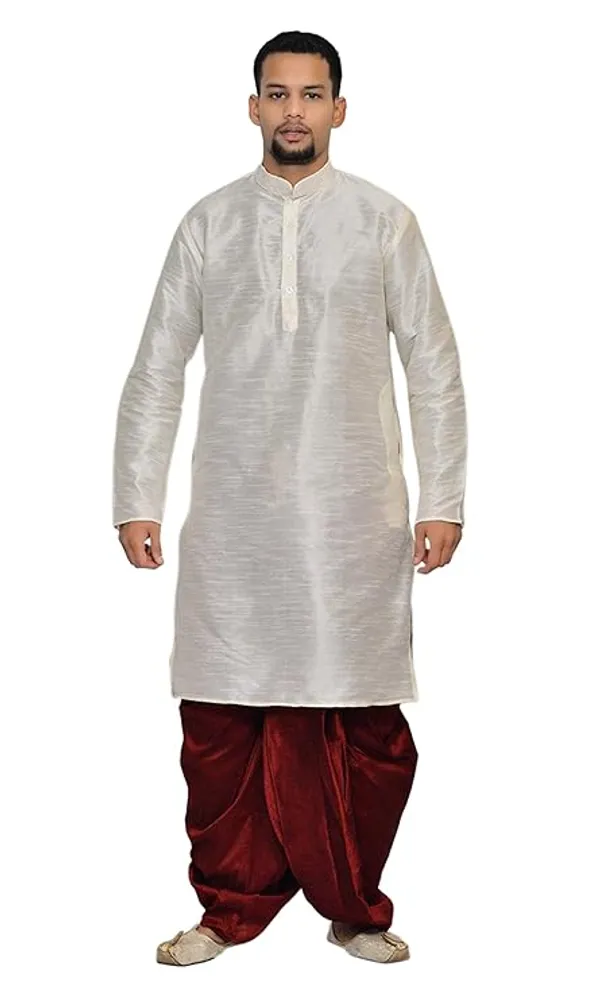 Crest_White_Dupion_Silk_Readymade_Dhoti_Kurta_Set_For_Men