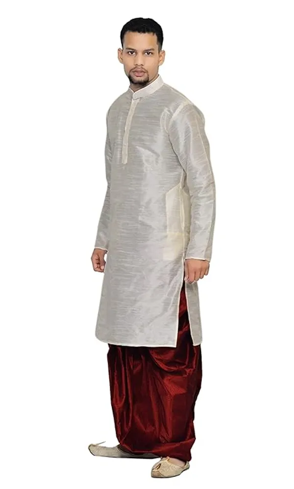 Crest_White_Dupion_Silk_Readymade_Dhoti_Kurta_Set_For_Men