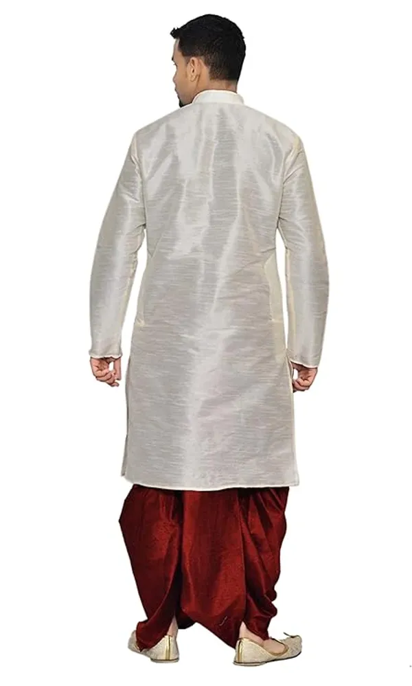 Crest_White_Dupion_Silk_Readymade_Dhoti_Kurta_Set_For_Men