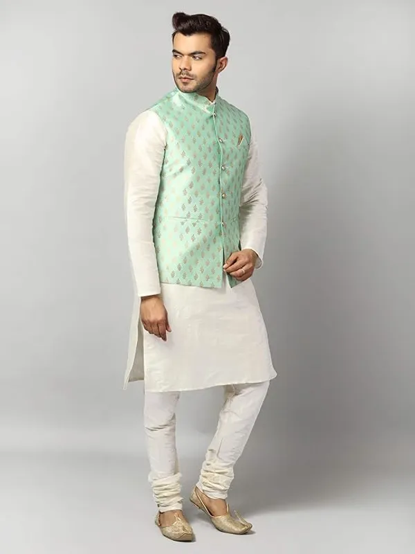 Off_White_&_Mint_Green_Silk_Blend_Kurta_Pajama_With_Designer_Ethnic_Nehru_Jacket_For_Men