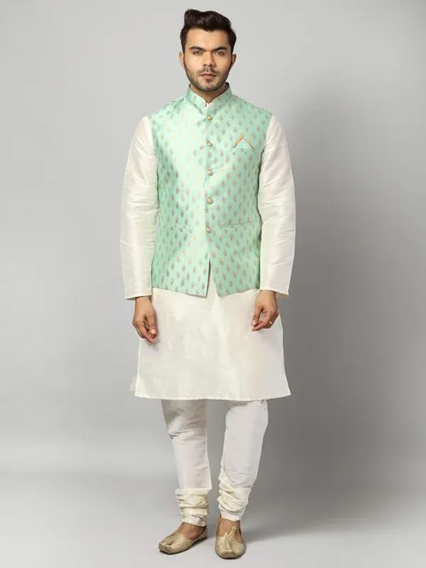 Off_White_&_Mint_Green_Silk_Blend_Kurta_Pajama_With_Designer_Ethnic_Nehru_Jacket_For_Men