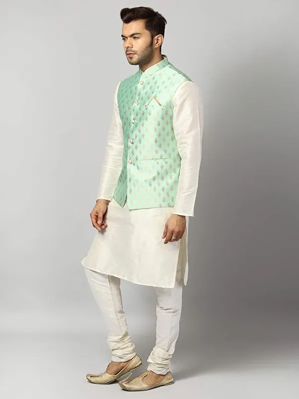 Off_White_&_Mint_Green_Silk_Blend_Kurta_Pajama_With_Designer_Ethnic_Nehru_Jacket_For_Men