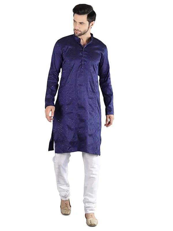 Navy_Blue_&_White_Embroidery_Silk_Kurta_Pyjama_Set_For_Men