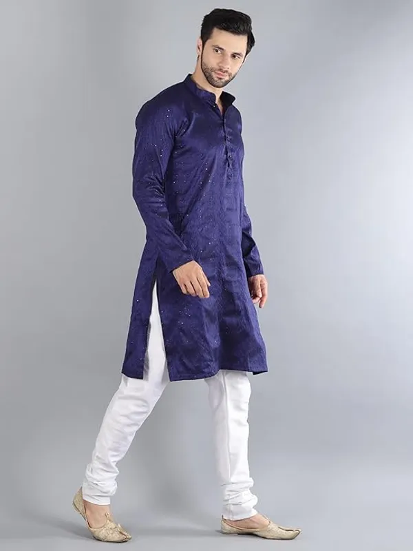 Navy_Blue_&_White_Embroidery_Silk_Kurta_Pyjama_Set_For_Men