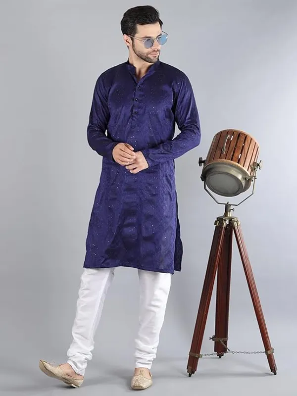 Navy_Blue_&_White_Embroidery_Silk_Kurta_Pyjama_Set_For_Men