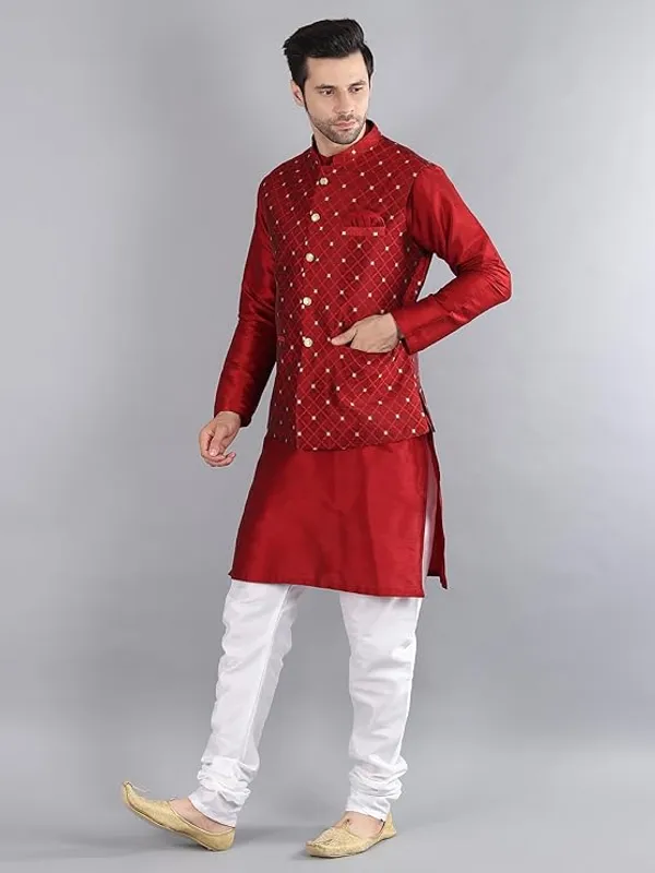 Maroon,_White_&_Red_Silk_Blend_Kurta_Pajama_With_Designer_Ethnic_Nehru_Jacket_For_Men