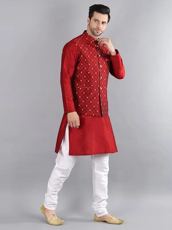 Maroon,_White_&_Red_Silk_Blend_Kurta_Pajama_With_Designer_Ethnic_Nehru_Jacket_For_Men