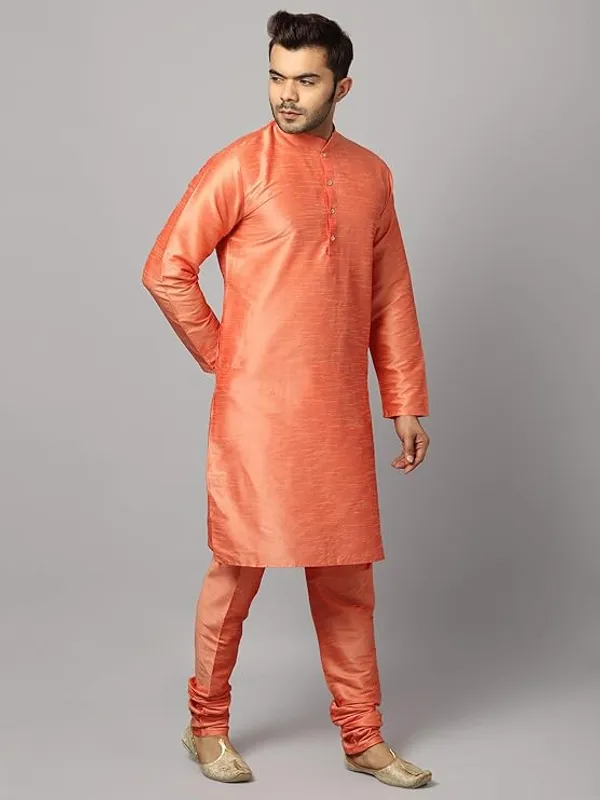 Peach_Banarasi_Dupion_Silk_Solid_Kurta_Churidar_Pyjama_Set_For_Men
