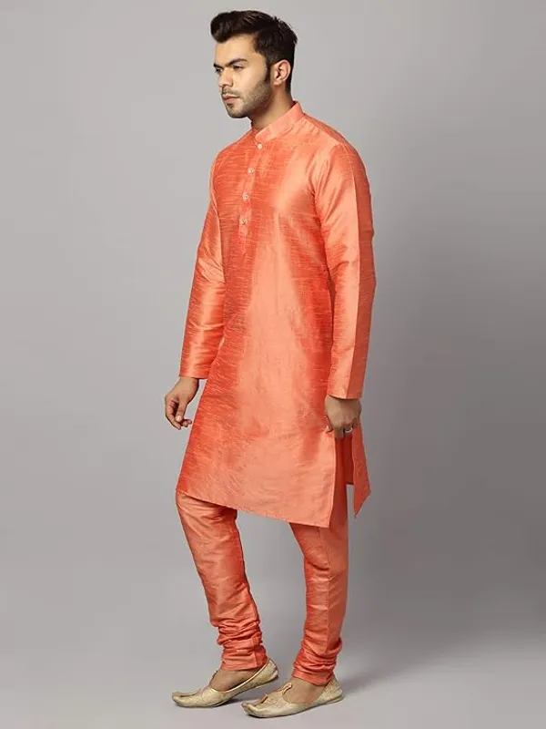 Peach_Banarasi_Dupion_Silk_Solid_Kurta_Churidar_Pyjama_Set_For_Men