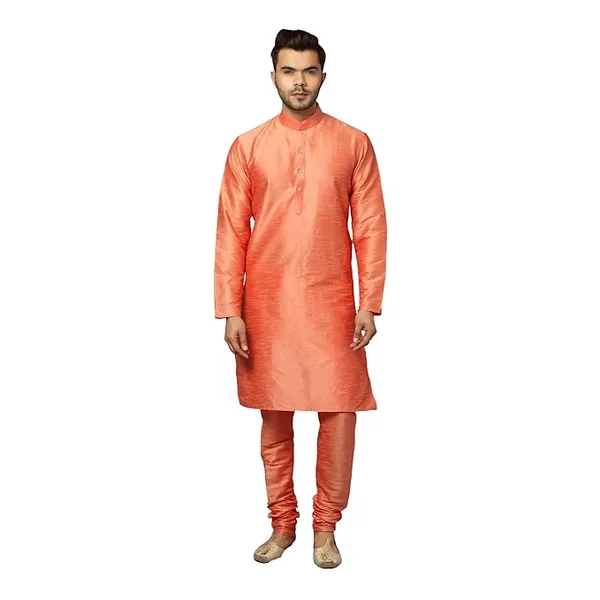 Peach_Banarasi_Dupion_Silk_Solid_Kurta_Churidar_Pyjama_Set_For_Men