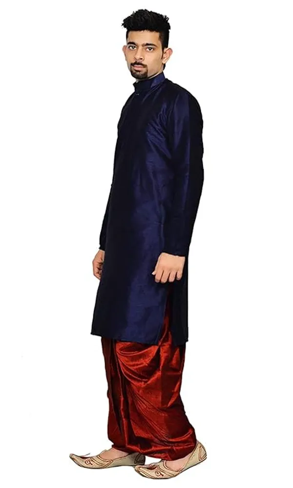 Navy_Blue_Dupion_Silk_Readymade_Dhoti_Kurta_Set_For_Men
