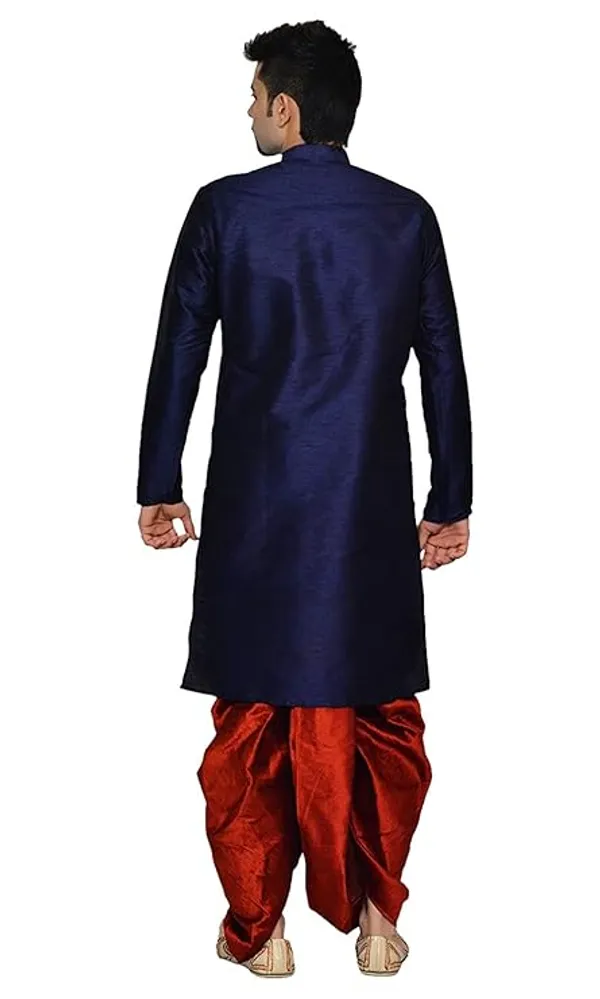 Navy_Blue_Dupion_Silk_Readymade_Dhoti_Kurta_Set_For_Men