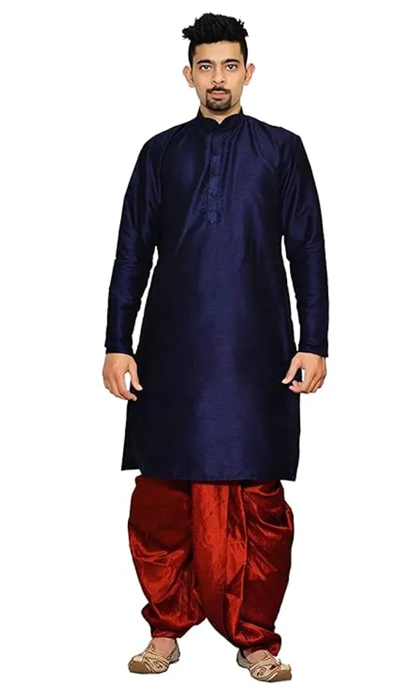 Navy_Blue_Dupion_Silk_Readymade_Dhoti_Kurta_Set_For_Men