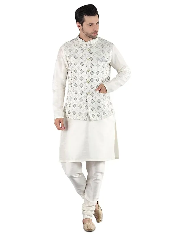 Cream_&_Grey_Silk_Blend_Kurta_Pajama_With_Designer_Ethnic_Nehru_Jacket_For_Men