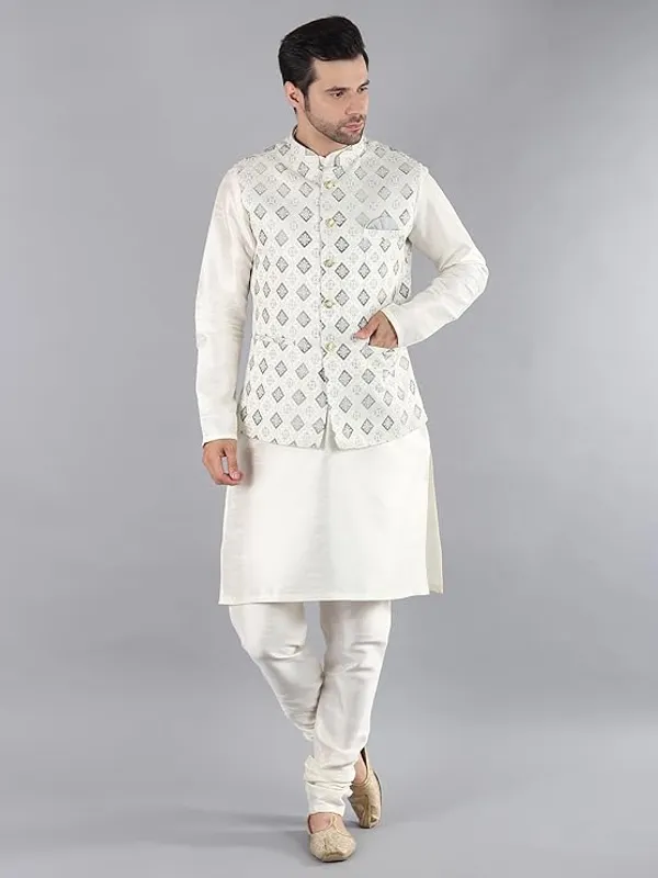 Cream_&_Grey_Silk_Blend_Kurta_Pajama_With_Designer_Ethnic_Nehru_Jacket_For_Men
