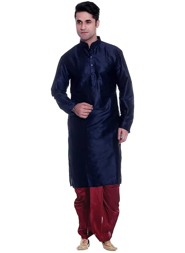 Space_Blue_Dupion_Silk_Readymade_Dhoti_Kurta_Set_For_Men
