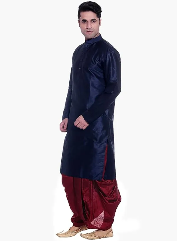 Space_Blue_Dupion_Silk_Readymade_Dhoti_Kurta_Set_For_Men
