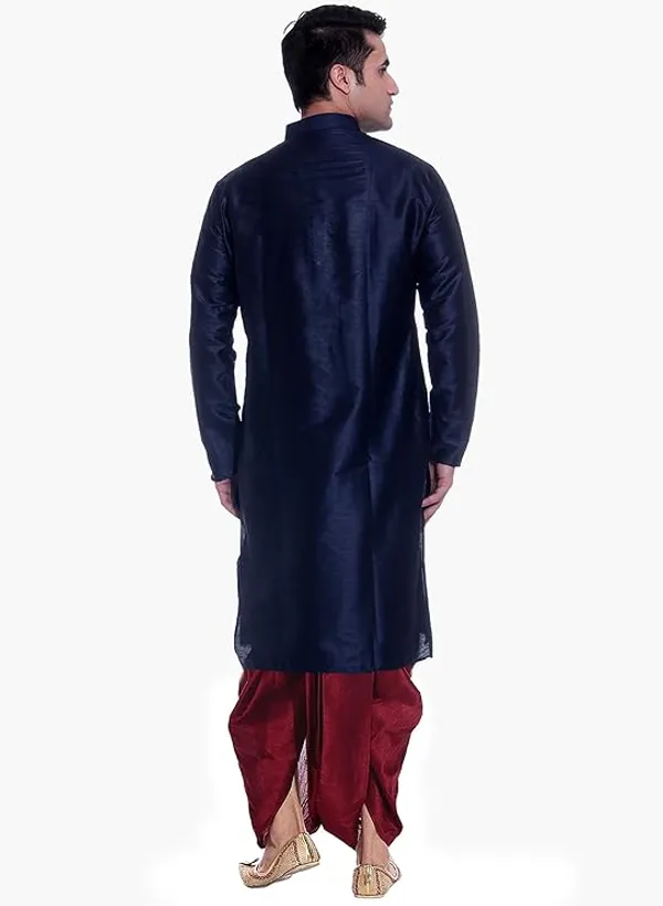 Space_Blue_Dupion_Silk_Readymade_Dhoti_Kurta_Set_For_Men