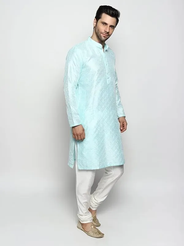 Sky_Blue_&_White_Embroidery_Silk_Kurta_Pyjama_Set_For_Men