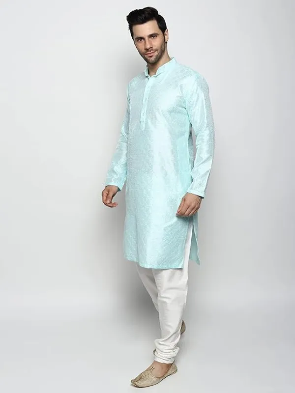 Sky_Blue_&_White_Embroidery_Silk_Kurta_Pyjama_Set_For_Men
