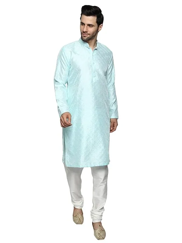 Sky_Blue_&_White_Embroidery_Silk_Kurta_Pyjama_Set_For_Men