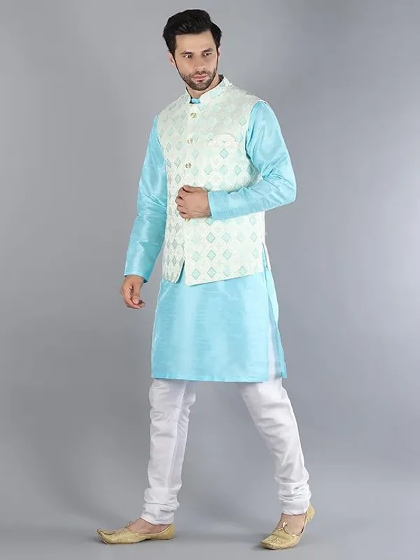 White_&_Sky_Blue_Silk_Blend_Kurta_Pajama_With_Designer_Ethnic_Nehru_Jacket_For_Men