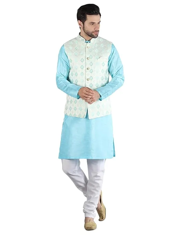White_&_Sky_Blue_Silk_Blend_Kurta_Pajama_With_Designer_Ethnic_Nehru_Jacket_For_Men