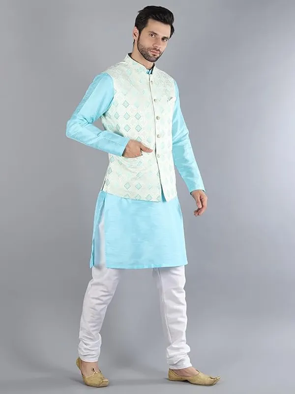 White_&_Sky_Blue_Silk_Blend_Kurta_Pajama_With_Designer_Ethnic_Nehru_Jacket_For_Men