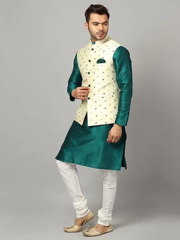 Green_&_White_Silk_Blend_Kurta_Pajama_With_Designer_Ethnic_Nehru_Jacket_For_Men