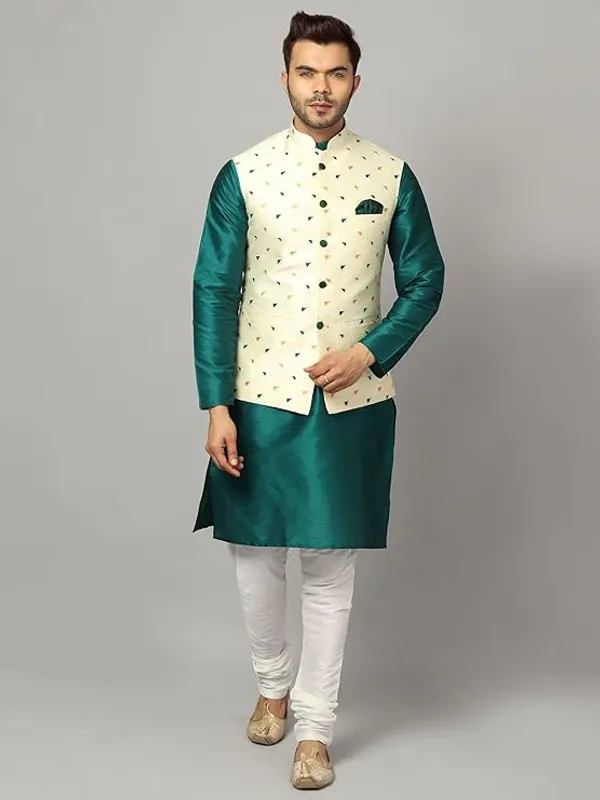 Green_&_White_Silk_Blend_Kurta_Pajama_With_Designer_Ethnic_Nehru_Jacket_For_Men