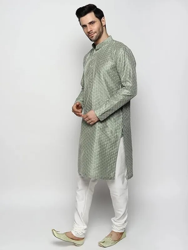 Olive_&_White_Embroidery_Silk_Kurta_Pyjama_Set_For_Men