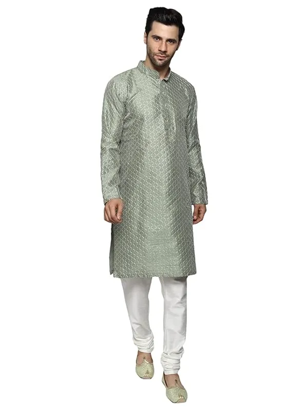 Olive_&_White_Embroidery_Silk_Kurta_Pyjama_Set_For_Men