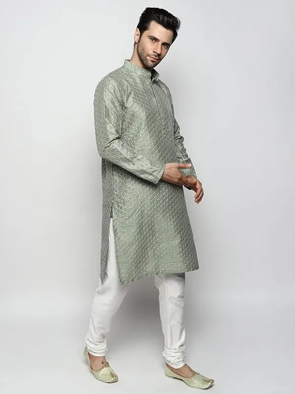 Olive_&_White_Embroidery_Silk_Kurta_Pyjama_Set_For_Men