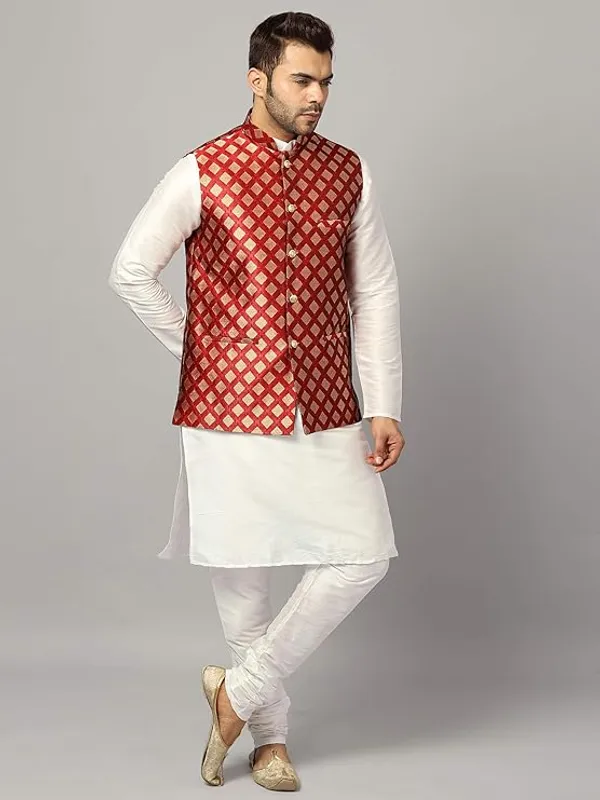 White_&_Maroon_Silk_Blend_Kurta_Pajama_With_Designer_Ethnic_Nehru_Jacket_For_Men