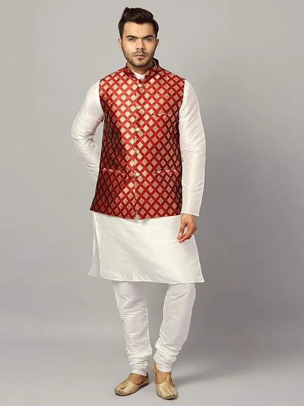 White_&_Maroon_Silk_Blend_Kurta_Pajama_With_Designer_Ethnic_Nehru_Jacket_For_Men
