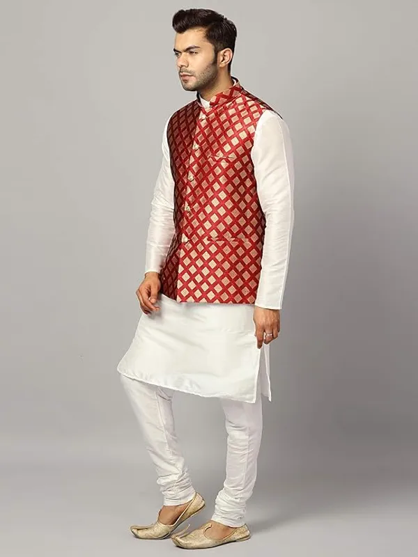 White_&_Maroon_Silk_Blend_Kurta_Pajama_With_Designer_Ethnic_Nehru_Jacket_For_Men