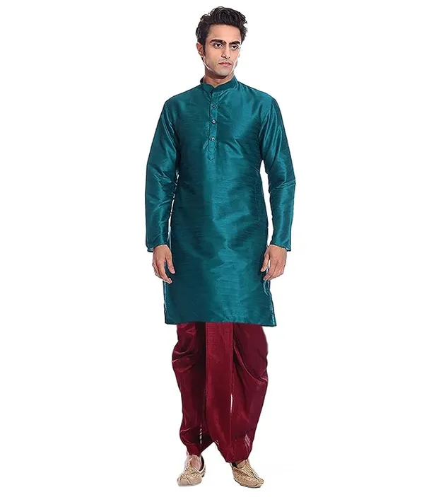 Sea_Green_Dupion_Silk_Readymade_Dhoti_Kurta_Set_For_Men
