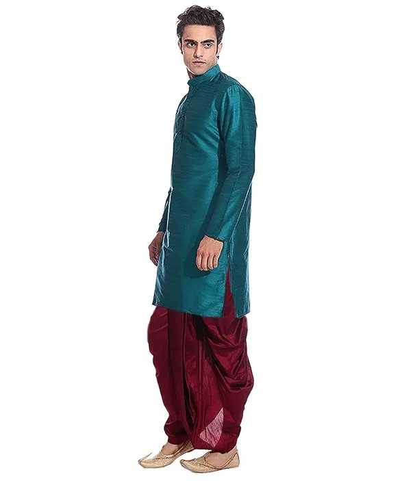 Sea_Green_Dupion_Silk_Readymade_Dhoti_Kurta_Set_For_Men