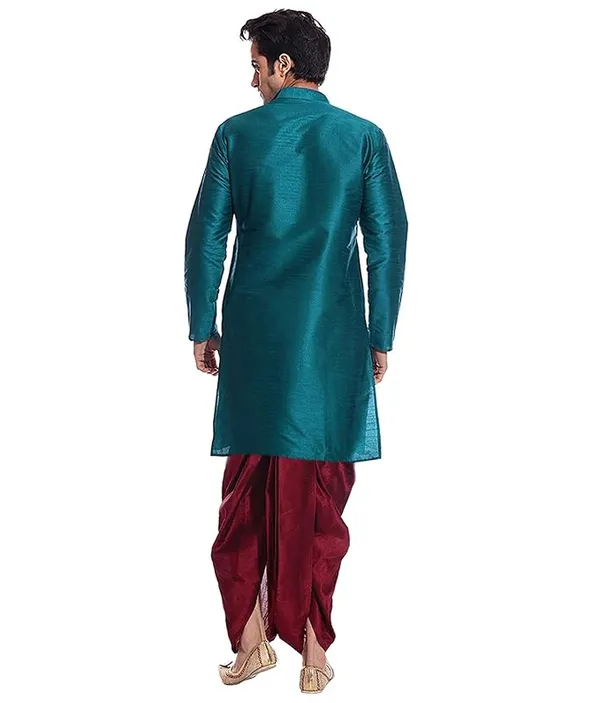 Sea_Green_Dupion_Silk_Readymade_Dhoti_Kurta_Set_For_Men