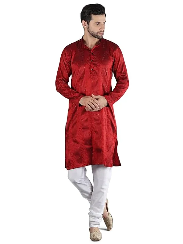Maroon_&_White_Embroidery_Silk_Kurta_Pyjama_Set_For_Men