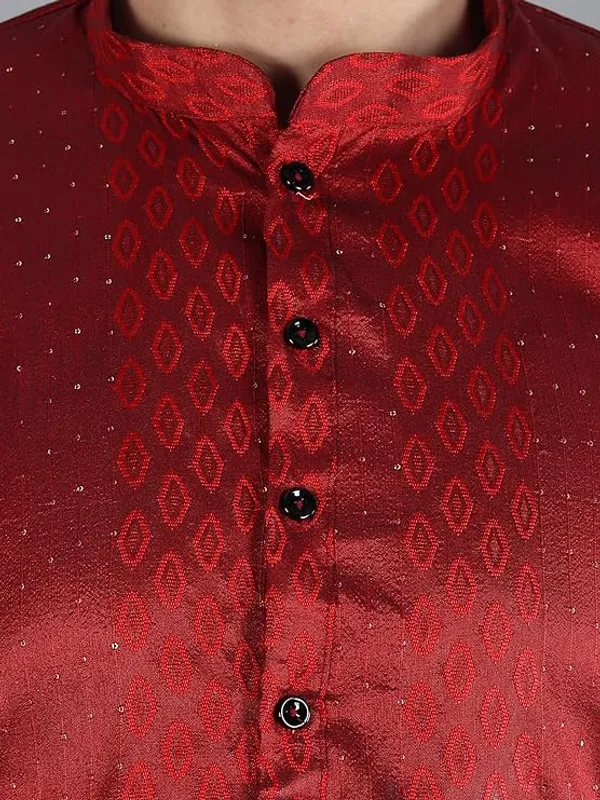 Maroon_&_White_Embroidery_Silk_Kurta_Pyjama_Set_For_Men