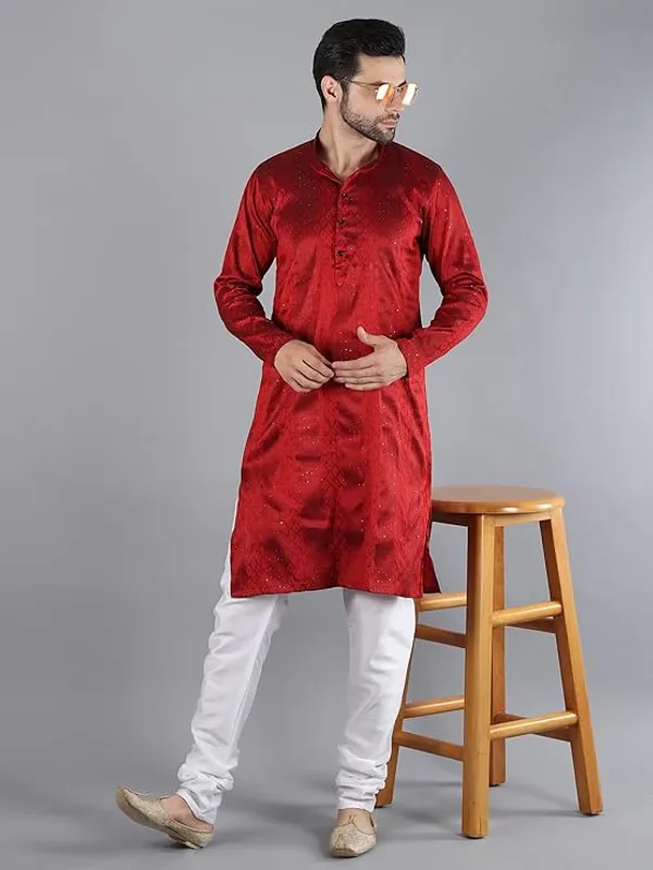Maroon_&_White_Embroidery_Silk_Kurta_Pyjama_Set_For_Men