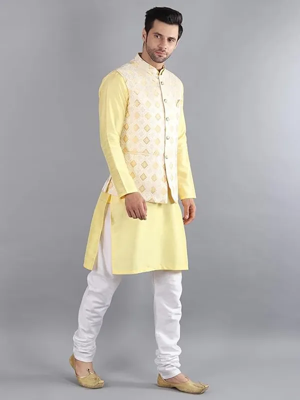 White_&_Yellow_Silk_Blend_Kurta_Pajama_With_Designer_Ethnic_Nehru_Jacket_For_Men