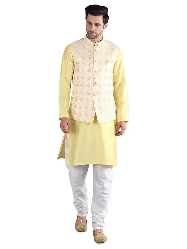 White_&_Yellow_Silk_Blend_Kurta_Pajama_With_Designer_Ethnic_Nehru_Jacket_For_Men