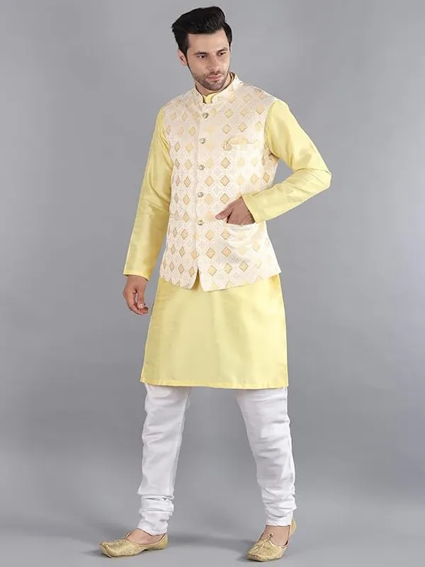 White_&_Yellow_Silk_Blend_Kurta_Pajama_With_Designer_Ethnic_Nehru_Jacket_For_Men