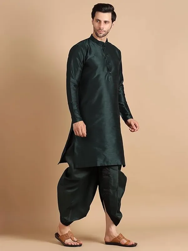 Bottle_Green_Dupion_Silk_Readymade_Dhoti_Kurta_Set_For_Men